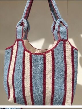 Handcrafted in India Beaded Tote Bag – Blue, White & Burgundy Stripe